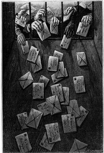 Les Parisiens déposent leur courrier au bureau de poste principal de la rue du Louvre avant la dernière levée du matin. Gravure dans le journal « La jeunesse ».