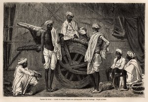 Paysans du Scind (région du Pendjab, Inde), à côté de leurs machines agricoles. Gravure pour illustrer le voyage au Pendjab et au Cachemire, récit par Guillaume Lejean, en 1866, publié dans « Le tour du monde, nouveau journal des voyages » - Unknown artist