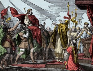 Pépin proclamé roi des Francs - Sacre de Pépin le Bref (714-768), Basilique de Saint-Denis, 28 juillet 754 : le pape Étienne II l