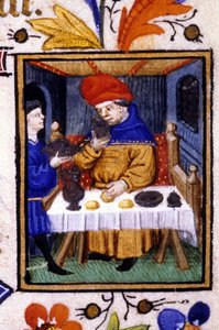 Performance du mois de janvier. Un serviteur met de la nourriture sur la table de son maître. Miniature d