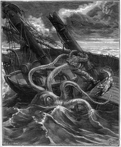 Aventures périlleuses de Narcisse Nicaise au Congo - par Armand Dubarry 1836-1910 - il avait devant lui un monstre marin formidable (poulpe géant) - gravure dans Journal des voyages de 1881 - Unknown artist