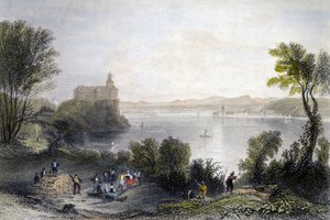 Château de Persenberg en Allemagne. Au premier plan, les travailleurs du bois au travail. Gravure du 19e siècle - Unknown artist