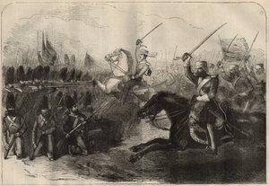 Guerre anglo-persane (1856-1857) : la charge de la 3ème cavalerie indo-britannique commandée par le capitaine Forbes lors de la bataille de Koosh-Ab le 8 février - Unknown artist
