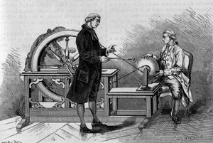 Expérience de physique au XVIIIe siècle : lueur produite par une machine électrique. Gravure dans « La Nature : revue des sciences et de leurs applications aux arts et à l