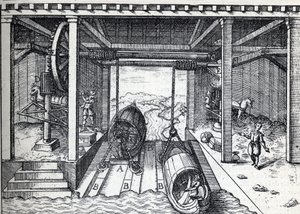 Plan incliné pour bateaux au XVIe siècle sur les lagunes de la Brenta (rivière) en Italie du Nord. Gravure dans « La Nature » - Unknown artist