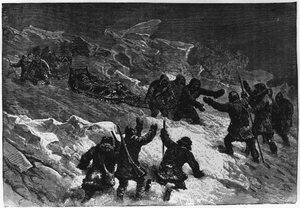 Pôle nord : rencontre des traîneaux de Markham - Nares Georges S., Un voyage à la mer polaire, Paris : Hachette - Unknown artist