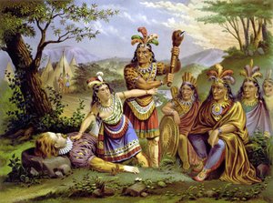 Pocahontas sauve le capitaine John Smith. Chromolithographie vers 1870 - Unknown artist