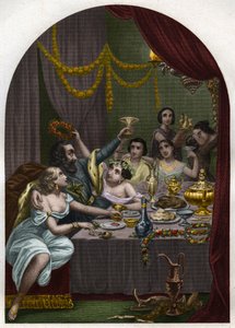 Le pape Alexandre VI (1431-1503) (Alessandro, Rodrigo Borgia) Rodrigue Borgia célèbre le mariage de sa fille Lucrèce Borgia (Lucrezia) avec 50 courtisanes au Vatican. Gravure de 1842 dans « Histoire des papes : crimes, meurtres, empoisonnements, parricides - Unknown artist