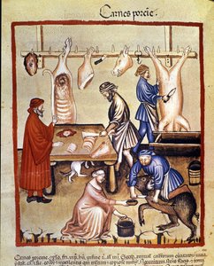 Production de porc. Le cochon est abattu et les bouchers découpent les morceaux. Enluminure du « Tacuinum sanitatis » - Unknown artist