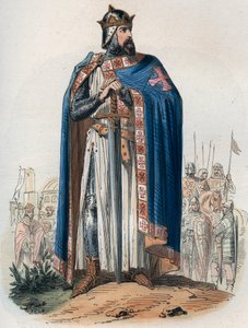 Portrait de Godefroy de Bouillon (1061-1100) en costume de croisé. Gravure de 1868 dans "Histoire de Belgique depuis les temps primitifs jusqu