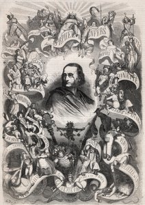 Portrait de Jacques Offenbach (1819-1880), compositeur français et directeur du théâtre des Bouffes Parisiens, entouré de personnages de ses œuvres - Gravure dans « Le Monde Illustré ». - Unknown artist