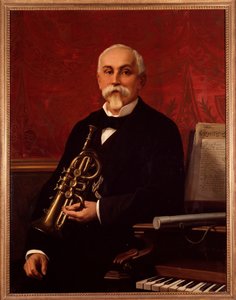 Portrait de Lodovico Bortolotti (19e siècle) musicien italien. Il tient une trompette. Peinture anonyme. 19e siècle. Bologne, Civico museo bibliografico