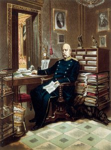 Portrait du prince Otto von Bismarck (1815-1898), chancelier et homme politique prussien, dans son bureau. Lithographie en couleur