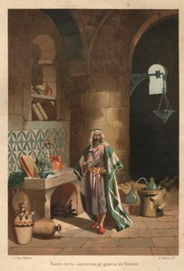 Portrait de Rhases (Rhazes, Razi, Al-Razi, Razis, ou Rases) (840-923) scientifique persan dans son laboratoire à Bagdad. Barcelone 1881