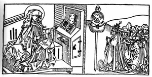 Portrait de Sainte Brigitte de Suède (1103 - 1373). Gravure de «Leben der Heiligen - sommerteil» (Le livre des saints) par Jacobus (Jacques) de Voragine (1228-1298). Lubeck 1488