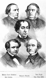 Portrait de William Ewart Gladstone, John Bright, Lord Stanley, John Stuart Mill et Benjamin Disraeli - dans « Les Contemporains », fin du 19ème siècle - Unknown artist