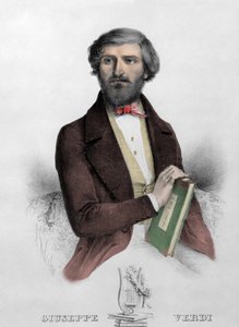 Portrait du compositeur italien Giuseppe Verdi (1813 - 1901) avec la partition de « I Due Foscari » Gravure de 1844. - Unknown artist