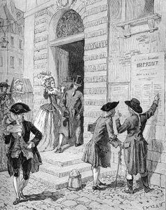 Affiche mise en place par le ministre et contrôleur général des finances Charles Alexandre de Calonne (1734-1802) encourageant un prêt. Gravure du 19ème siècle. Dans « Histoire de France » de Jules Michelet