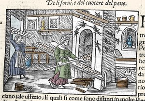 Préparation et cuisson du pain dans un four. Gravure par Olaus Magnus (1490-1557), religieux et géographe suédois, « Historia de Gentis Septentrionalibus », Venise - Unknown artist