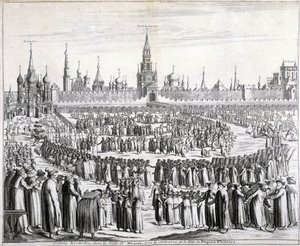 Procession des Fleurs de Pâques devant la Porte du Saint-Sauveur et le Kremlin à Moscou. Gravure du 19ème siècle - Unknown artist