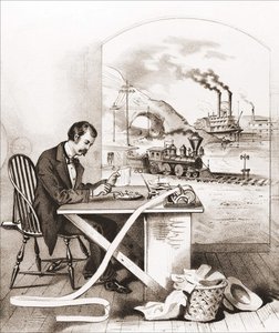Progrès du siècle (19e siècle) : Télégraphie Morse, bateau à vapeur, train, etc. Gravure du 19e siècle - Unknown artist