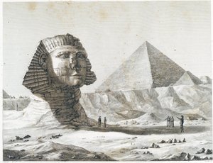 Pyramides de Gizeh : vue du Sphinx et de la Grande Pyramide, prise du sud-est - dans "Description de l