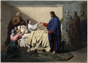 Résurrection de la fille de Jaïre - Jésus ressuscite la fille de Jaïre (Jairus ou Jairos). Gravure anonyme de la fin du XIXe siècle.