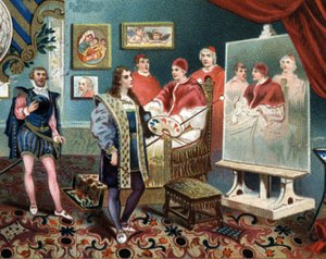Raphaël (Raffaello Sanzio) travaillant sur le portrait du Pape Léon X entouré des cardinaux Jules de Médicis (Giulio) (Pape Clément VII) - Unknown artist