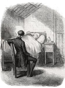 Rastignac resta seul près du vieil homme, assis au pied du lit... Gravure du milieu du 19e siècle. Illustration pour "Le Père Goriot" d
