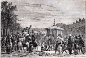 Lecture des prescriptions dans Le Moniteur, au jardin du Palais-Royal, le 26 juillet 1830 à 7 heures du soir - Unknown