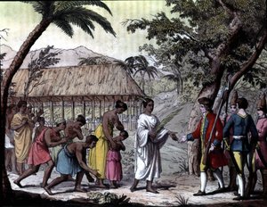 Réception du navigateur Samuel Wallis par la reine Oberea à Tahiti. « Navigations de Cook », Milan - Unknown artist