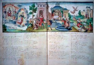 Théâtre religieux : Passion et Résurrection joué à Valenciennes en 1547. Page de manuscrit avec aquarelle, Paris, B.N.