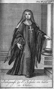 Ordre religieux. Religieuse de Sainte Rosalie en habit de chœur à Palerme en Sicile au 17e siècle. Dans « Histoire des ordres militaires ou chevaliers, des milices sécurisées et routinières des deux sexes, qui ont été établies jusqu