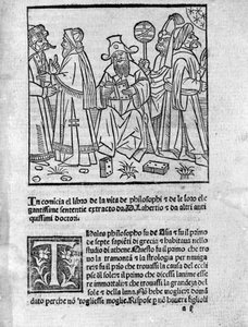 Représentation de Diogène Laërce (120-240) (centre) entouré de divers penseurs et philosophes Page tirée de « Vies, doctrines et sentences des philosophes illustres » (Vitae Philosophorum) par le poète et historien Diogène Laërce (120-240) 1495 - Unknown artist