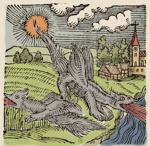 Représentation de basilics en vol brûlant des champs de blé. Gravure de « Prodigiorum ac ostentorum chronicon » par Conrad Lycosthenes. 1557. - Unknown artist