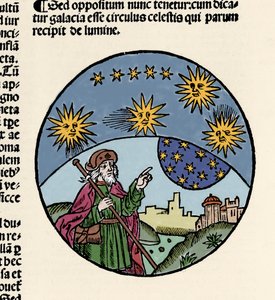 Représentation du philosophe grec Aristote (384-322 av. J.-C.) indiquant les étoiles. Gravure du traité de physique « Textus abbreviatus Aristotelis super octo liris Phisicorum & tota naturalis philosophia » par Thomas Bricot (d. 1516). 1496 - Unknown artist