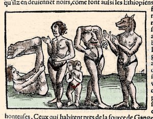 Représentation des monstres décrits par Amerigo Vespucci (1451-1512) : de gauche à droite : un manopod, un cyclope, un homme à deux têtes, un homme sans tête et un homme à tête de chien ou cynocéphale. Xylographie tirée de « Universal » de Sébastien Munste - Unknown artist