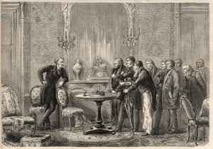 Représentation de la pièce "Mercadet" (Le Faiseur) par Honoré de Balzac (1799-1850) à la Comédie-Française. Acte III, Scène VI. Gravure dans "L