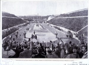 Restauration des Jeux Olympiques à Athènes : arrivée de Lues, vainqueur du marathon