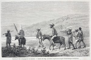 Richard Francis Burton, explorateur britannique (1821-1890), et ses compagnons en Afrique. Dessin illustrant l