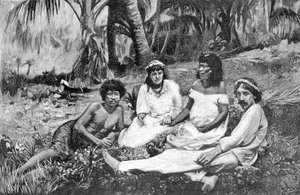 Robert Louis Stevenson (1850 - 1894) avec sa femme à Samoa où il résidait à Vailima. Gravure vers 1890-1895 - Unknown artist