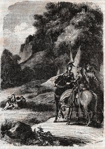 Roger, Marphise et les trois femmes - gravure de 1851 de « Roland furieux » (Orlando furioso) (16ème siècle) par Ludovico Ariosto, dit l