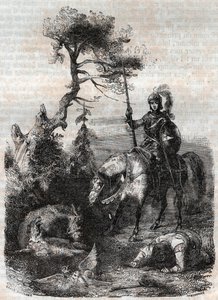 Roger utilisant le bouclier enchanté - gravure de 1851 de "Roland furieux" (Orlando furioso) (16ème siècle) par Ludovico Ariosto, dit l