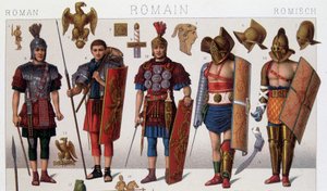 Costumes de gladiateurs romains et guerriers. Chromolithographie du XIXe siècle.