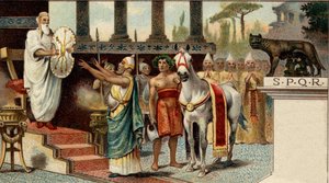 Système politique romain. Le roi : Numa Pompilius, roi légendaire de Rome, confiant le bouclier sacré aux prêtres saliens. Chromolithographie de la fin du XIXe siècle. - Unknown artist