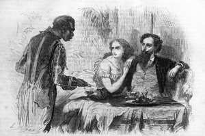 Roman-feuilleton : « Les Puritains de Paris » par Paul Bocage (1824-1887). « Le nègre apporta la carte de visite à Robert. » Gravure dans « Les bons romans » - Unknown artist