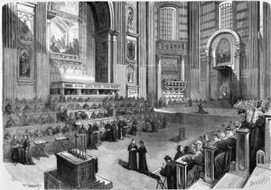 Rome 1869, première réunion du Concile œcuménique de 1869 tenue le 9 décembre dans la partie droite du transept de l
