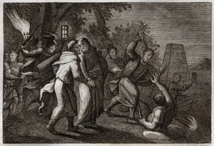 Bible de Royaumont, Nouveau Testament : Arrestation de Jésus-Christ ou le Baiser de Judas. Les soldats viennent arrêter le Christ au Jardin des Oliviers. Saint Pierre coupe l