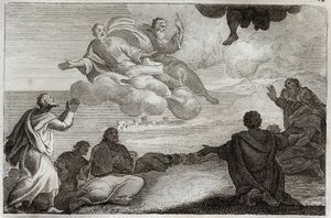 Bible de Royaumont, Nouveau Testament : Ascension de Jésus-Christ. Le Christ est emporté au ciel et bénit les apôtres avant de disparaître dans un nuage. Illustration de 1811. - Unknown artist