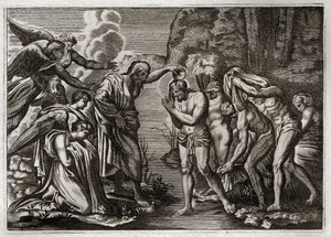 Bible de Royaumont, Nouveau Testament : Baptême de Jésus-Christ. Saint Jean-Baptiste baptisant Jésus-Christ dans les eaux du Jourdain. Illustration de 1811.